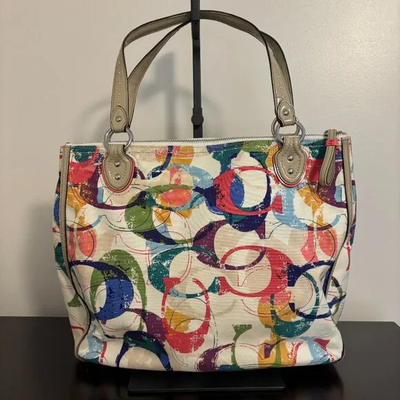 Coach Poppy Colorful Signature Canvas Hallie East/West Taupe Patent Leather Tote - Picture 4 of 14